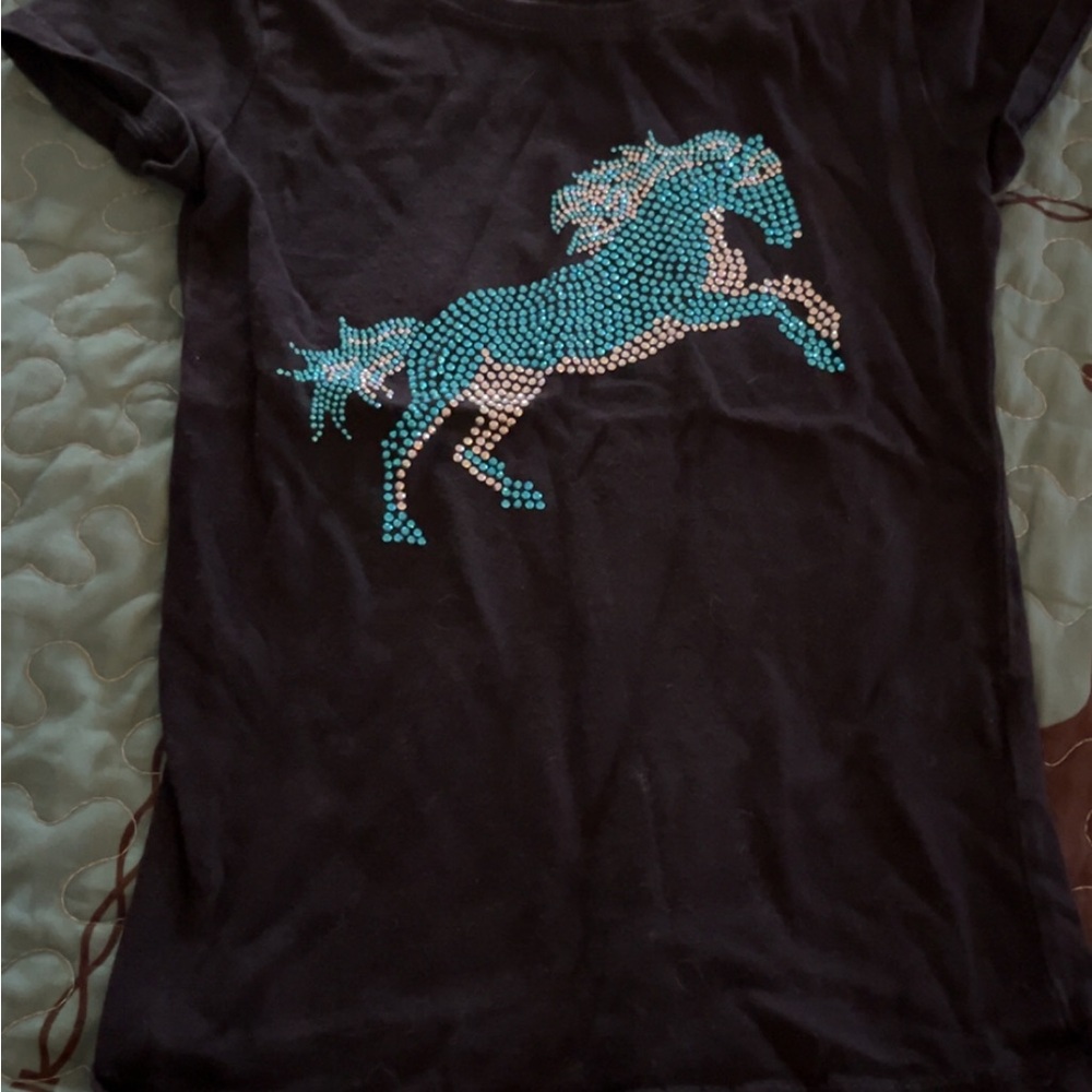 Black T-Shirt with Turquoise Horse Design